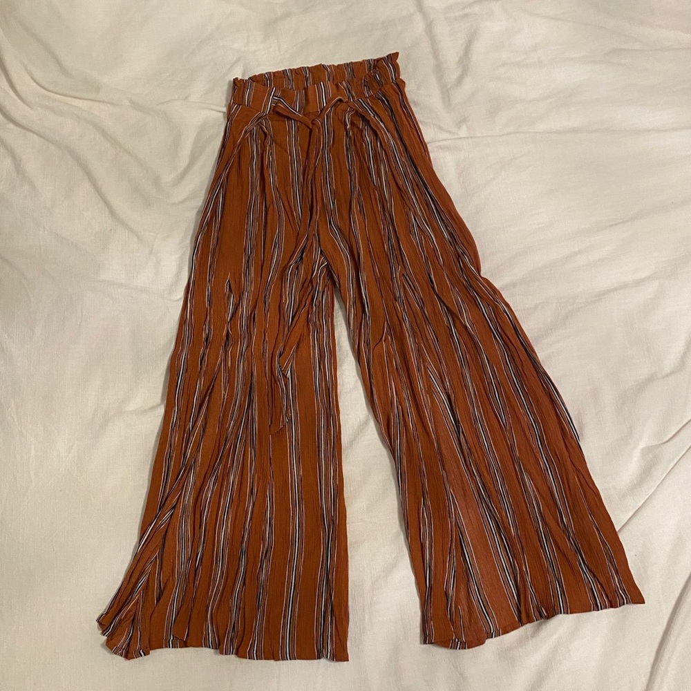 Simplee | Burnt Orange Striped Flowy Pants